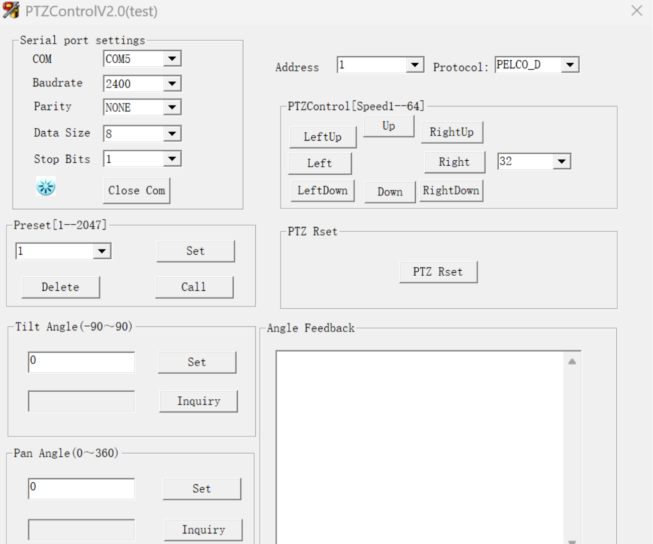 RS485/RS422 Pan Tilt Unit Control Software para Windows